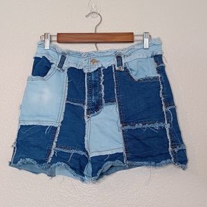Fashion House Blue Patchwork Denim Jeans Shorts Size Large